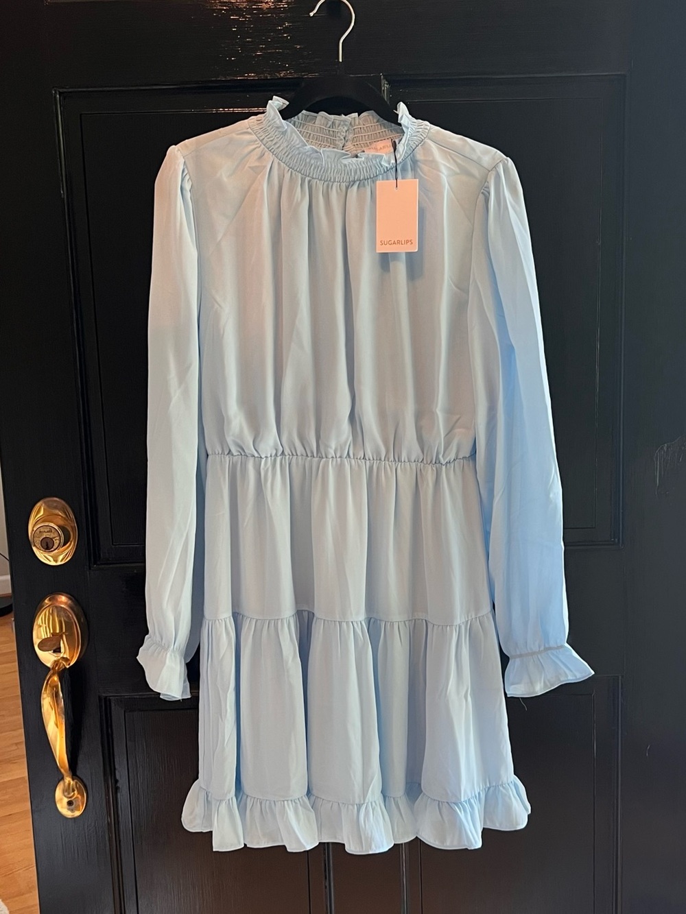 NWT, Sugarlips, Light Blue Ruffle Tiered Long-Sleeve Mini Dress, Size Large